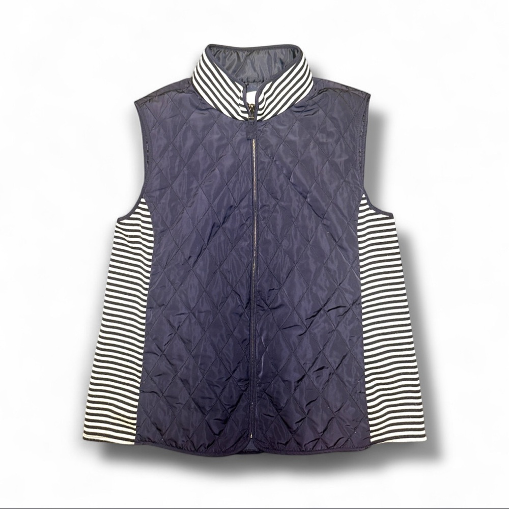 Talbots Navy Blue Diamond Quilted Vest Sleeveless Zip Jacket Vest Striped Sz 1X